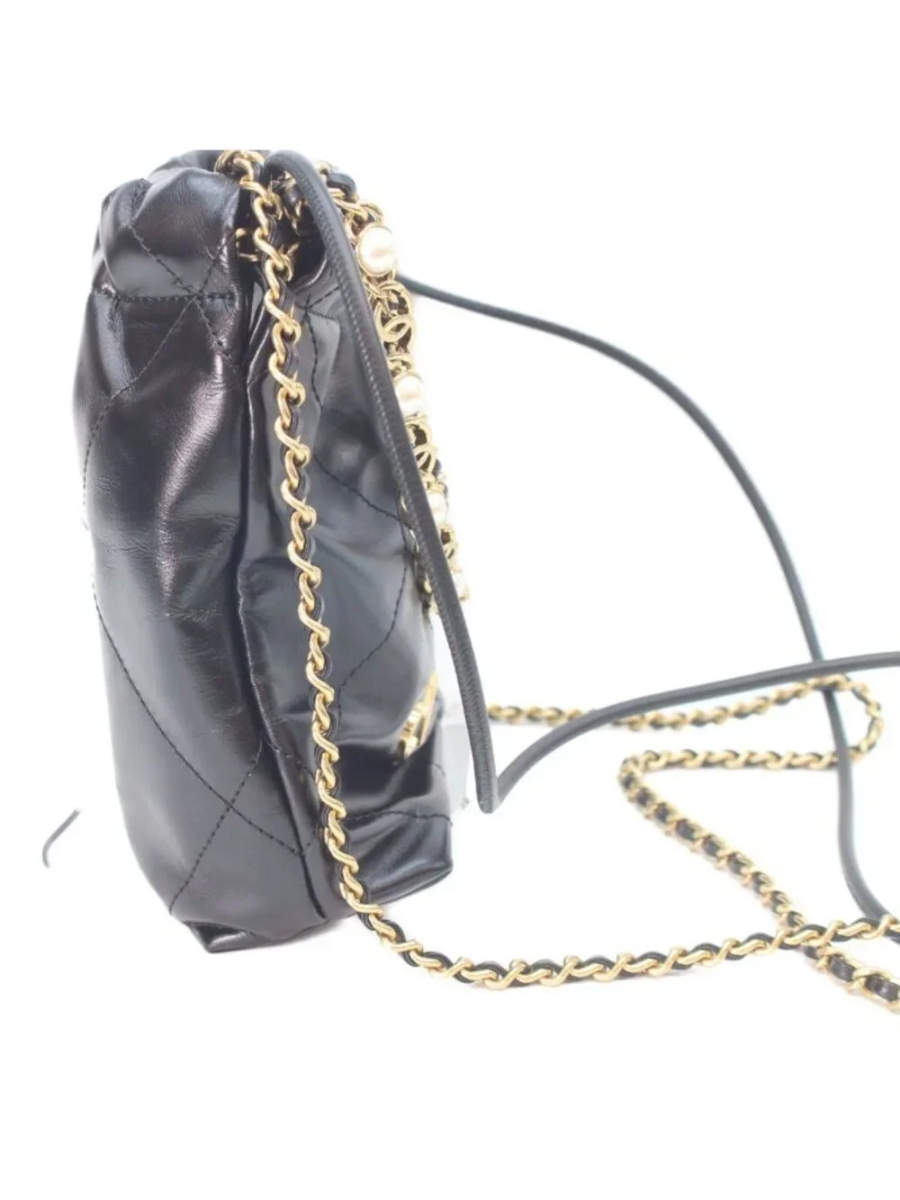 Chanel Black Shiny Calf 22 Mini Pearl Chain Shoulder Bag
